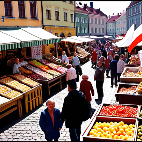 Home 11 **A bustling Polish marketplace scene.** Focus on the variety of goods, diverse shoppers, and traditional elements of Polish culture in the market setting. Include vibrant colors and a lively atmosphere to capture the essence of Polish consumer preferences and the importance of understanding local tastes.