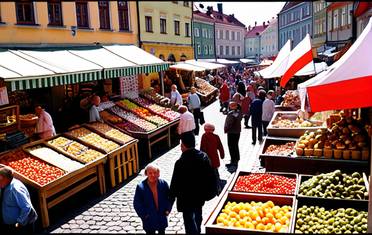 **A bustling Polish marketplace scene.** Focus on the variety of goods, diverse shoppers, and traditional elements of Polish culture in the market setting. Include vibrant colors and a lively atmosphere to capture the essence of Polish consumer preferences and the importance of understanding local tastes.