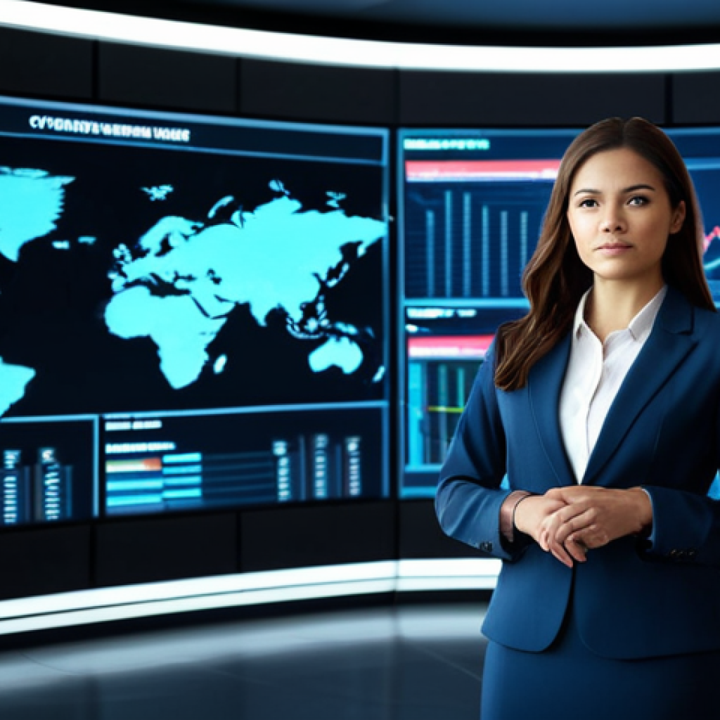 A highly professional businesswoman in a modest, elegant business suit, fully clothed, appropriate attire, professional dress, standing confidently in a futuristic control room with large, interactive digital screens displaying global market data, economic indicators, and intricate world maps. The room is sleek and modern, with soft, ambient lighting. Perfect anatomy, correct proportions, natural pose, well-formed hands, proper finger count, natural body proportions, safe for work, appropriate content, family-friendly, high-resolution, professional photography, sharp focus.