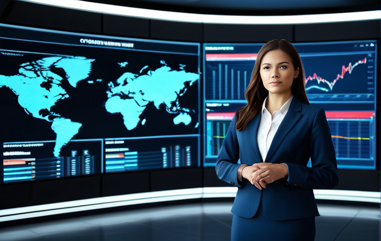 A highly professional businesswoman in a modest, elegant business suit, fully clothed, appropriate attire, professional dress, standing confidently in a futuristic control room with large, interactive digital screens displaying global market data, economic indicators, and intricate world maps. The room is sleek and modern, with soft, ambient lighting. Perfect anatomy, correct proportions, natural pose, well-formed hands, proper finger count, natural body proportions, safe for work, appropriate content, family-friendly, high-resolution, professional photography, sharp focus.