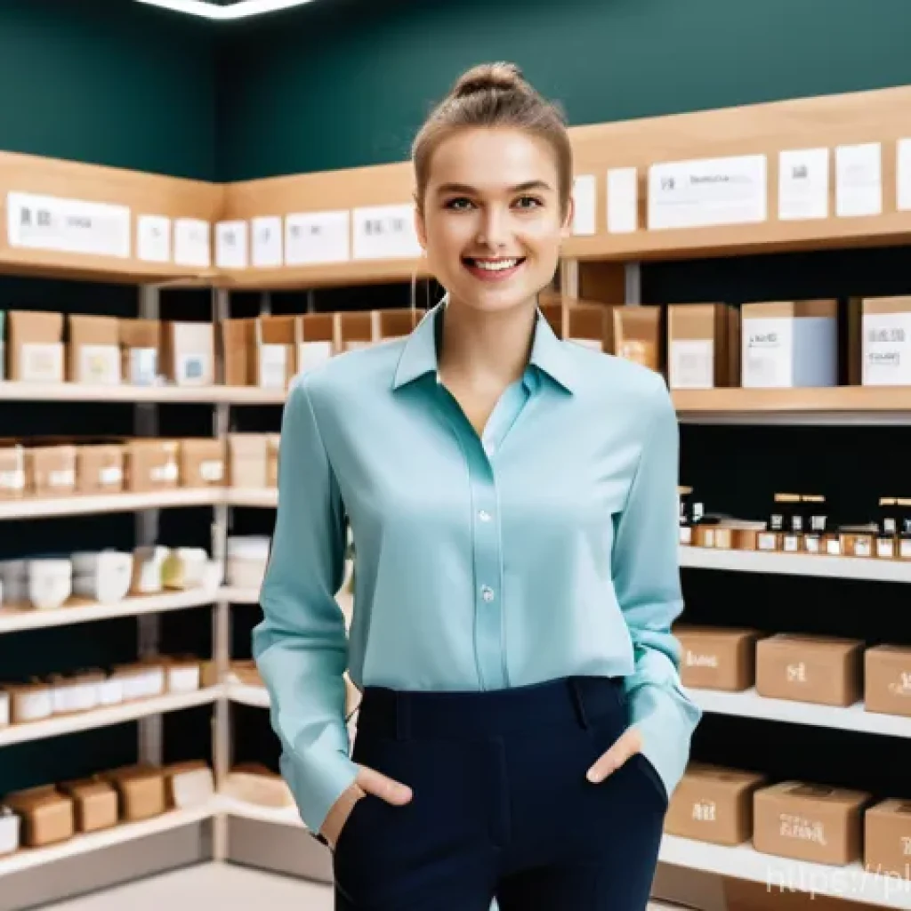 수출입 업무의 실제 사례 - **Prompt:** A confident, young Polish female entrepreneur in her late 20s stands proudly in a modern...