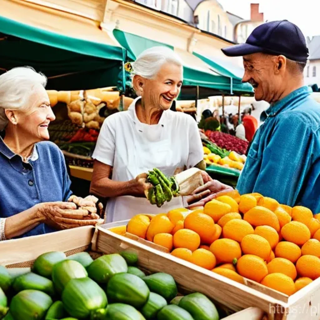 무역업계에서의 CSR 사례 - **Prompt for "Supporting Local Suppliers & Reducing Food Waste"**:
"A bustling, vibrant Polish f...