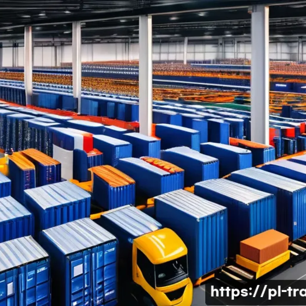 수출입 업무의 주요 단계 - A detailed modern international logistics hub scene showing a busy warehouse with diverse workers ma...