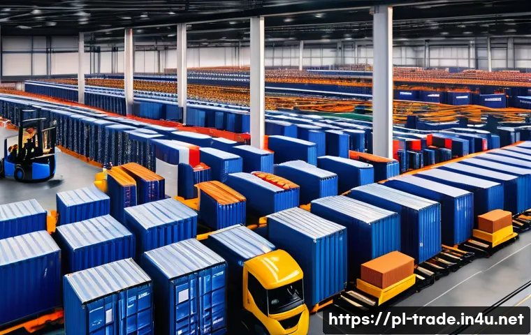 수출입 업무의 주요 단계 - A detailed modern international logistics hub scene showing a busy warehouse with diverse workers ma...