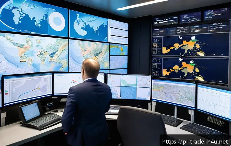 수출입 물류 관리 팁 - A modern logistics control room with multiple large digital screens displaying real-time transport r...