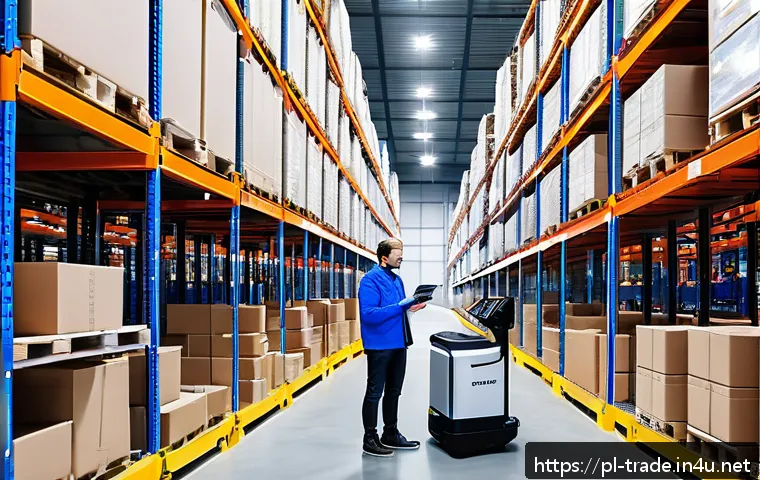 무역 업무 자동화 트렌드 - A modern Polish warehouse interior featuring advanced intelligent warehouse management systems in op...