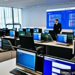 Home 19 무역 실무를 위한 유용한 앱 - A modern office scene in Warsaw, Poland, showing a diverse team of professionals using specialized c...
