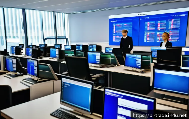무역 실무를 위한 유용한 앱 - A modern office scene in Warsaw, Poland, showing a diverse team of professionals using specialized c...