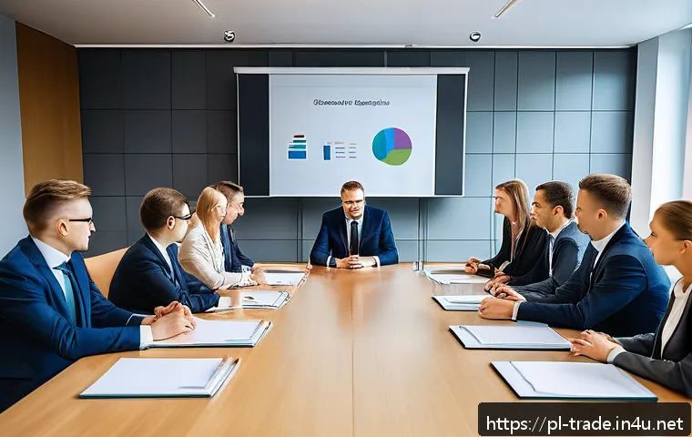 무역 실무에서의 에티켓 - A professional business meeting scene set in Poland, featuring a diverse group of people dressed in ...