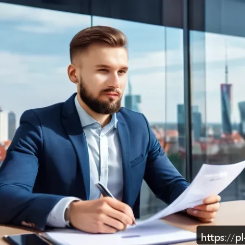 Home 17 국제무역사 연봉 인상 방법 - A professional business meeting scene set in a modern Polish office environment, featuring a confide...