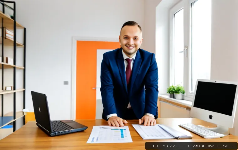 Home 15 수출입 거래에서의 고객 관리 팁 - Photorealistic Polish import-export account manager in a bright Warsaw office, warmly greeting a Eur...