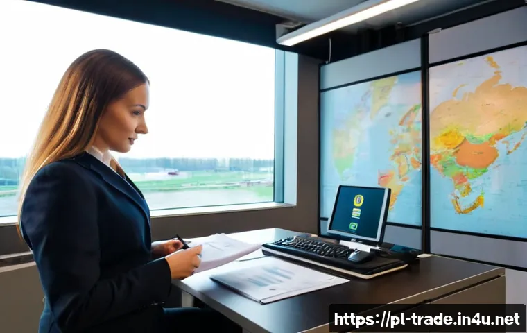Home 17 국제무역사 자격증의 전망 - Photorealistic modern Warsaw office, confident Polish international trade specialist reviewing a glo...