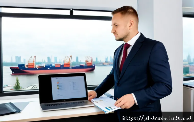 국제무역사 자격증으로 할 수 있는 일 - Photorealistic international trade specialist in a modern Warsaw office, Polish professional in smar...